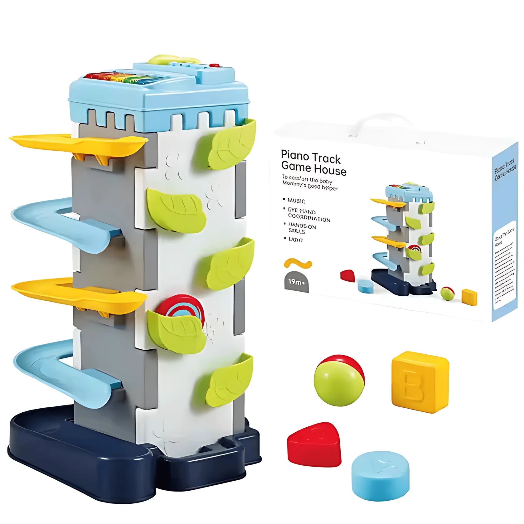 Youleen piano and ball drop track activity tower, view 1