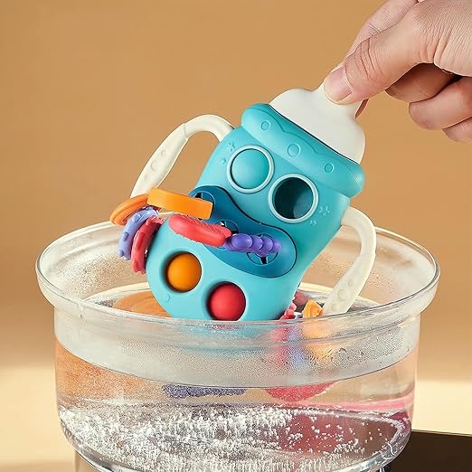 KidZilan 5-in-1 baby bottle sensory pull string and teething toy, view 1