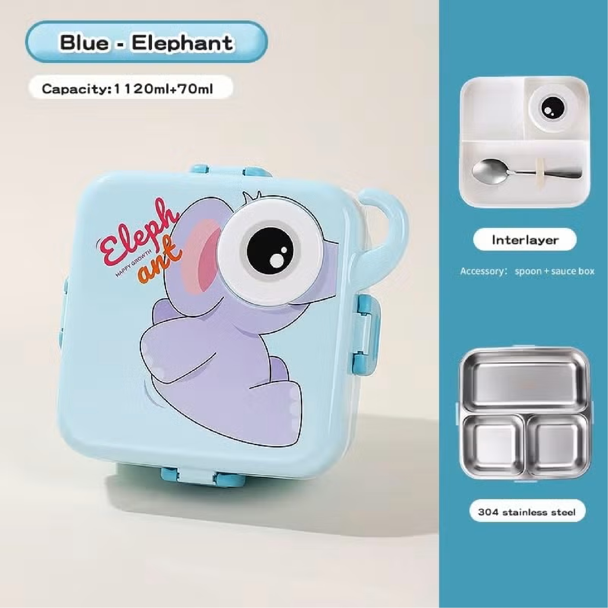 KidZilan Cartoon Elephant 304 stainless steel bento box set, blue view 2
