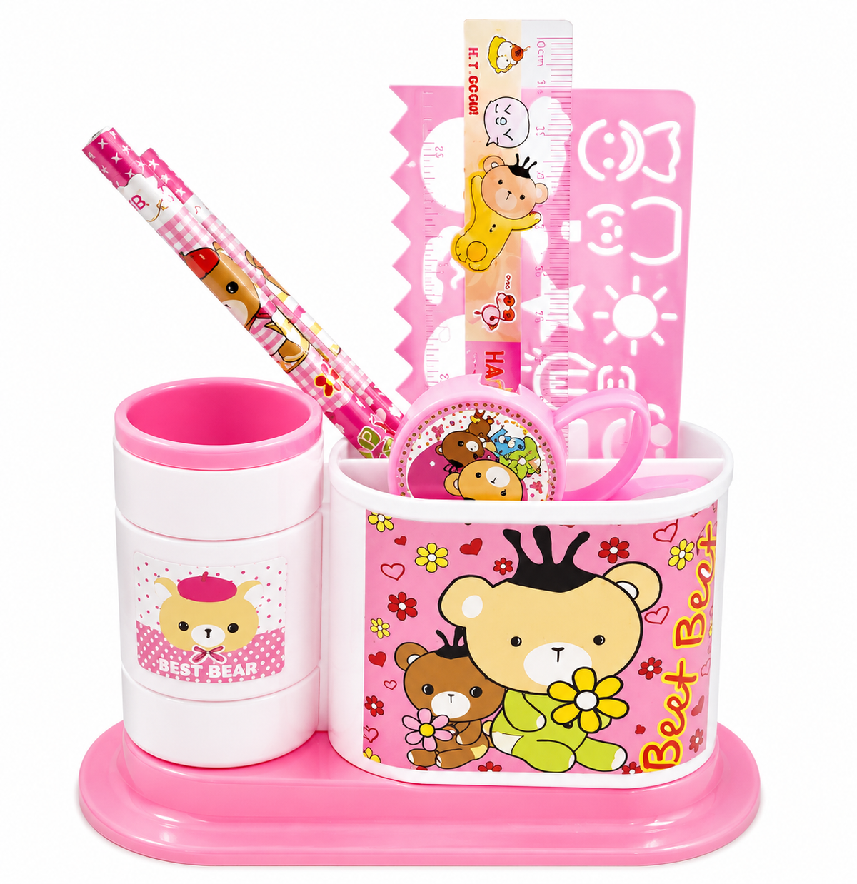 Bubblegum Pink all-in-one desk organizer and stationery combo, pink caddy view