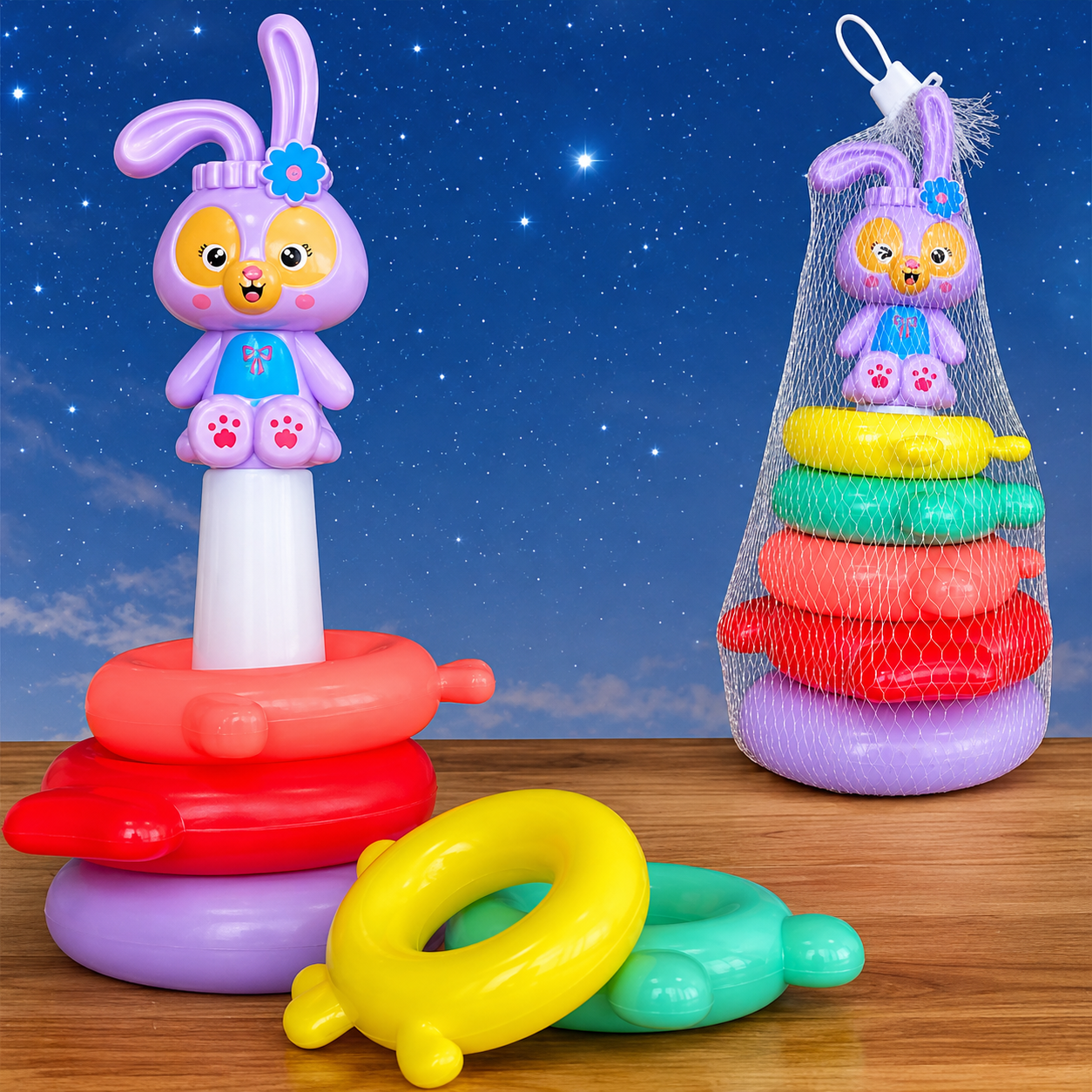 Kids Rainbow Ring stacking tower toy, main view