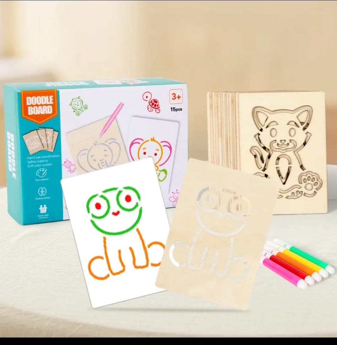 KidZilan wooden stencil doodle board set, 15-piece, view 1