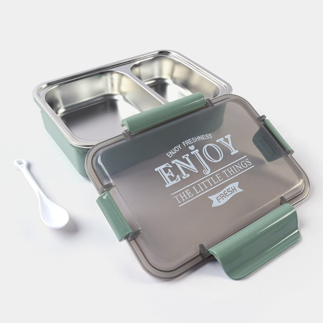 Dual-compartment stainless steel bento lunch box with spoon, view 1