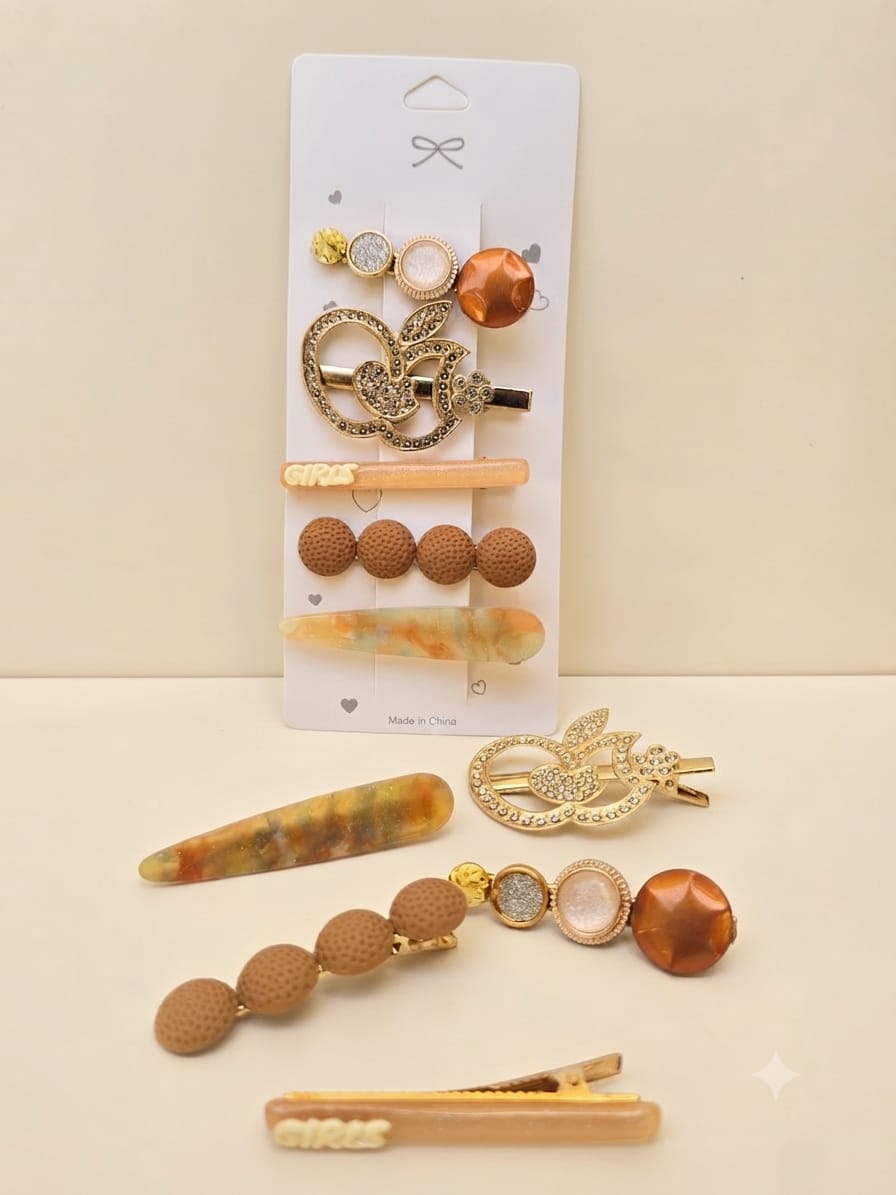 KidZilan elegant pearl and crystal hair clip set, 5-piece, caramel, view 2