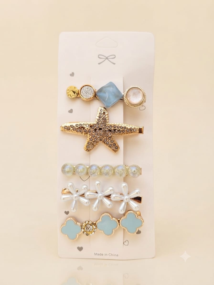 KidZilan elegant pearl and crystal hair clip set, 5-piece, light blue, view 1
