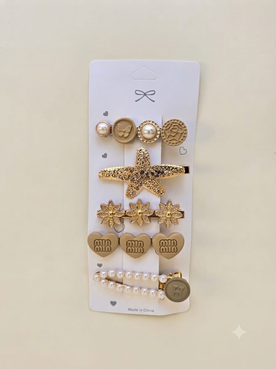 KidZilan elegant pearl and crystal hair clip set, 5-piece, beige, view 1