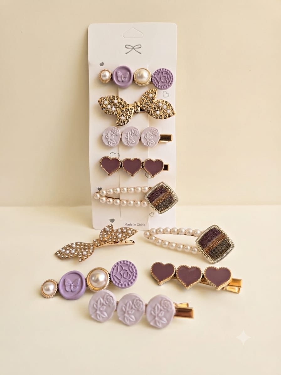 KidZilan elegant pearl and crystal hair clip set, 5-piece, lavender, view 2