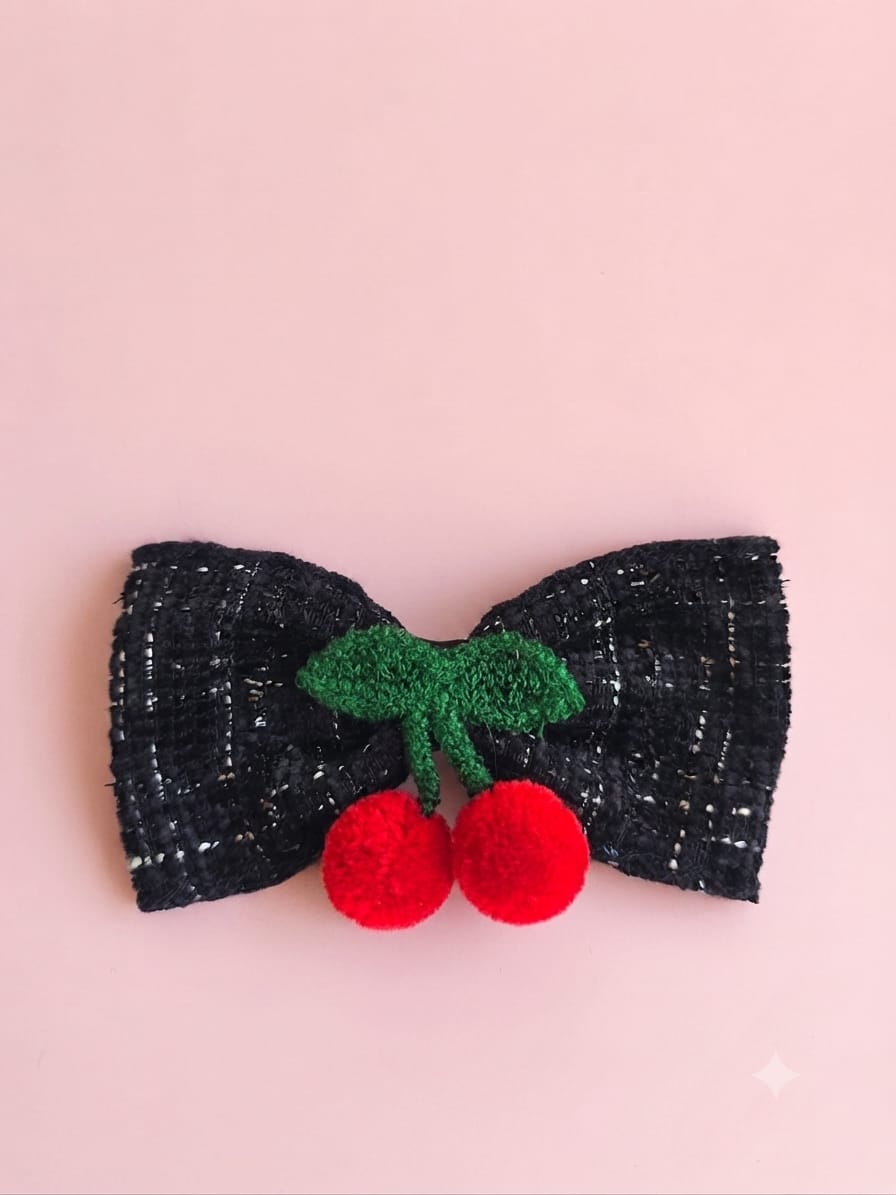 KidZilan tweed bow and cherry pom-pom hair clip, black tweed, view 1