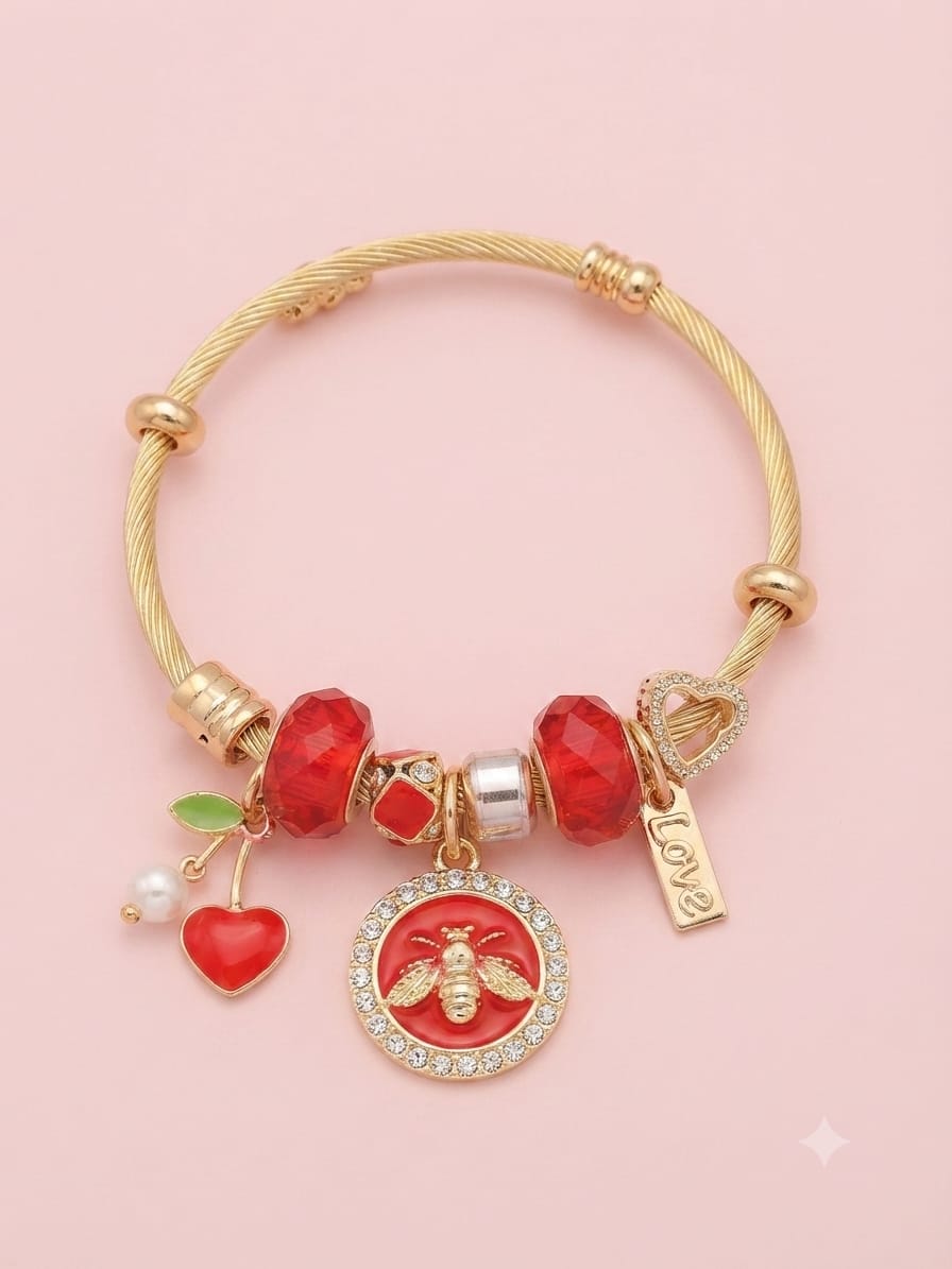KidZilan Fashion Charms & Beads Bracelet Collection - Gold Red Bee
