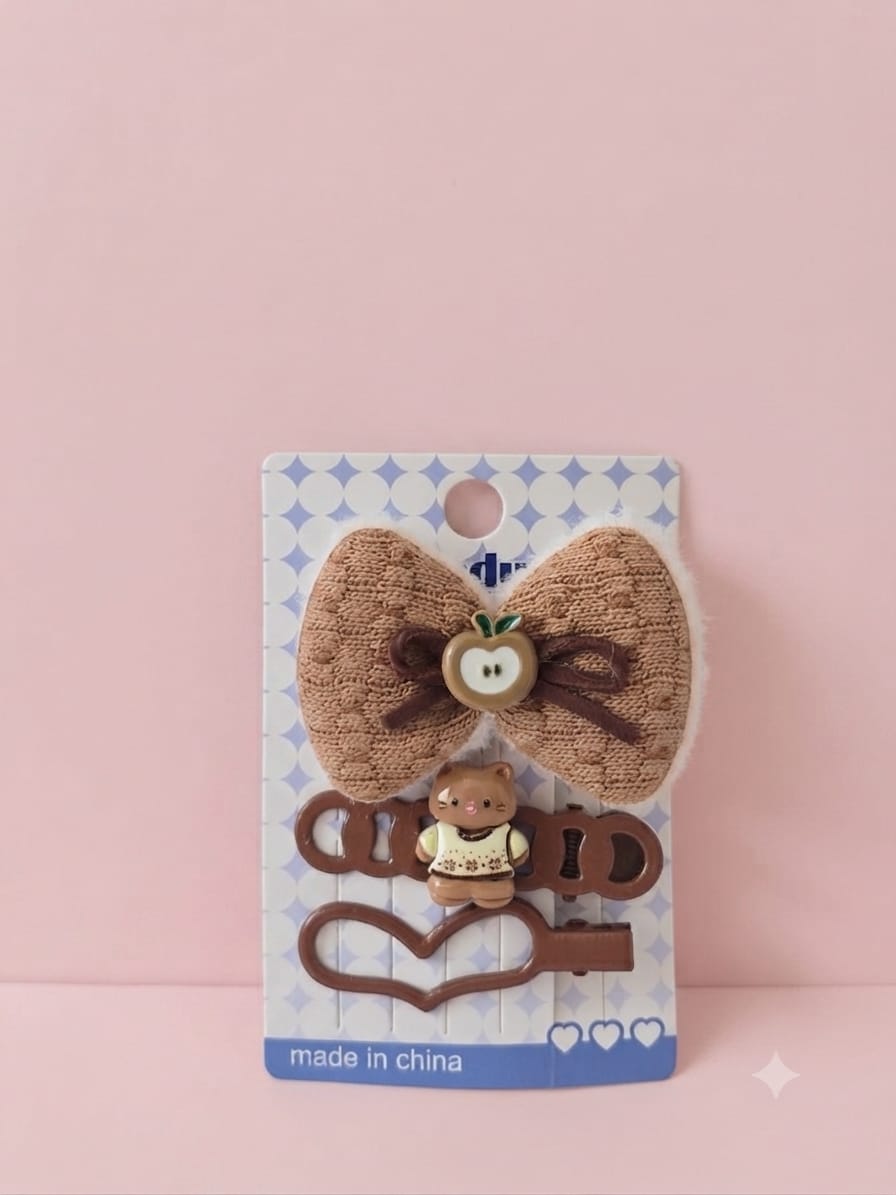 Warm Autumn Knitted Bow & Animal Hair Clip Set