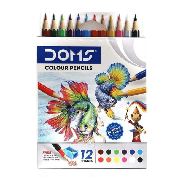 DOMS 12 SHADES HALF-SIZE MINI COLOUR PENCILS SET WITH EXTENDER & SHARPENER