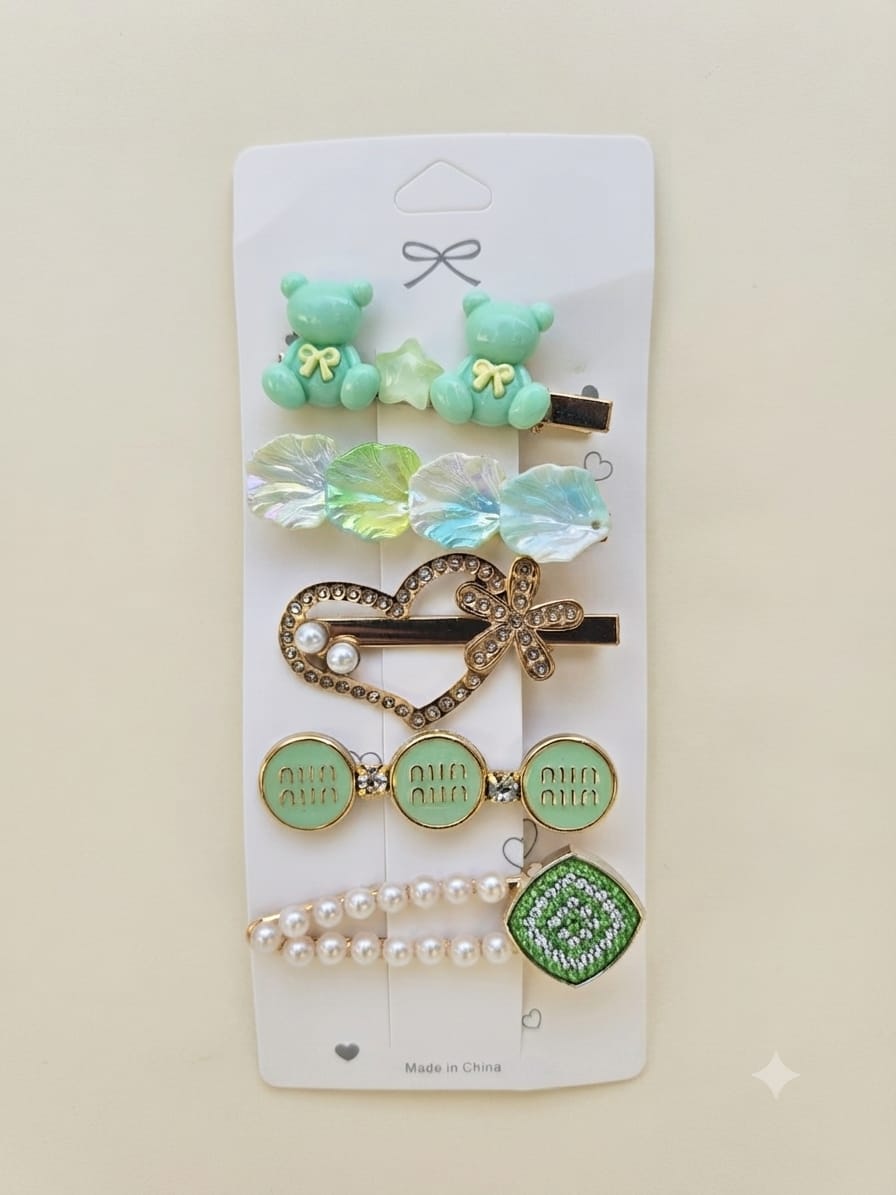 KidZilan Elegant Pearl & Crystal Hair Clip Set (5-Piece) - Mint Green