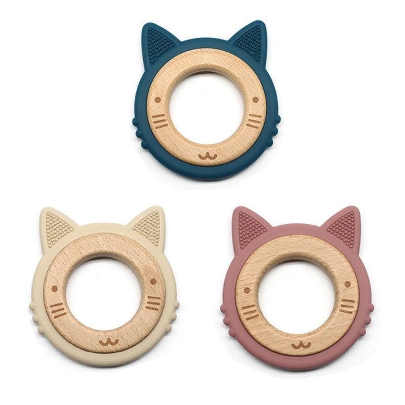 Algo wooden and silicone kitty baby teether with travel case, view 1