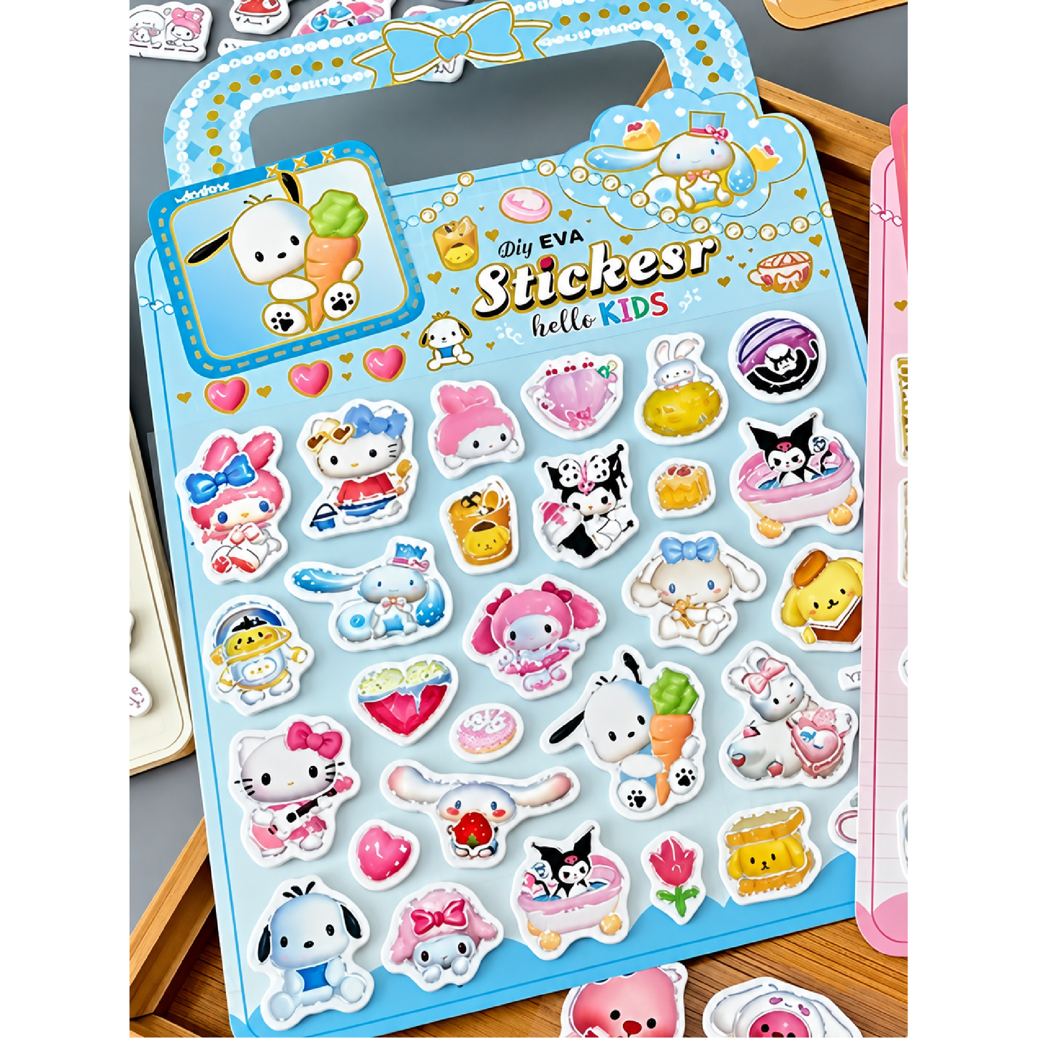 Kawaii character DIY foam sticker packets, blue view 1
