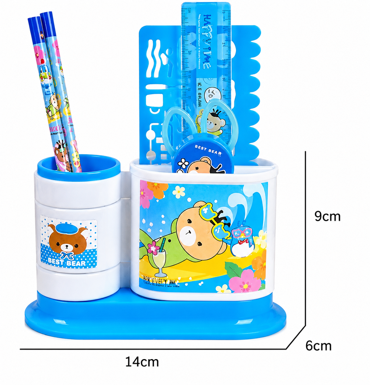 Summer Cyan all-in-one desk organizer and stationery combo, blue caddy view
