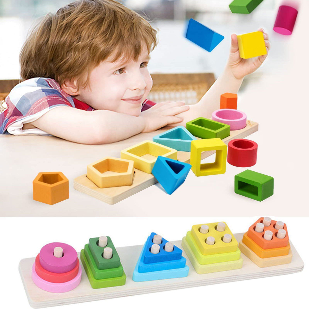 5-column geometric wooden shape stacker and sorter, view 2