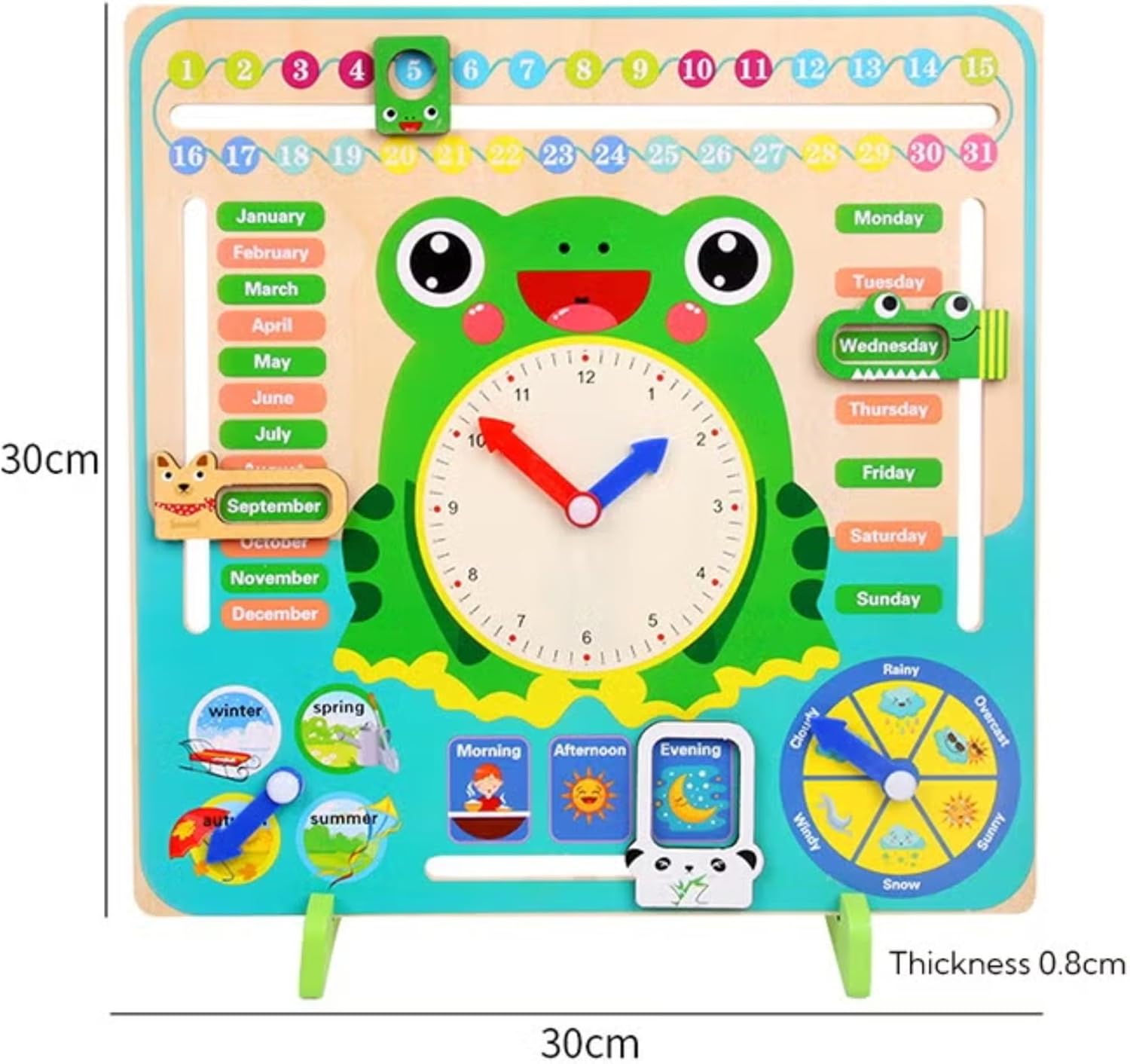 Wooden multifunctional daily calendar and learning clock, side view