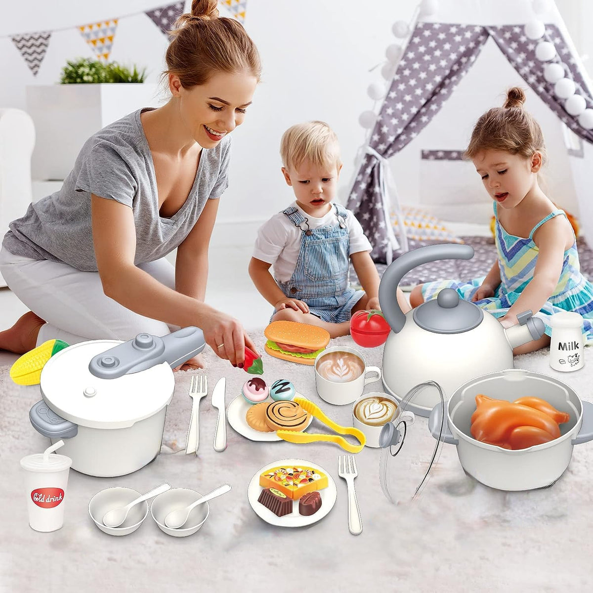 Kids pretend play dream kitchen cookware and food set, in use