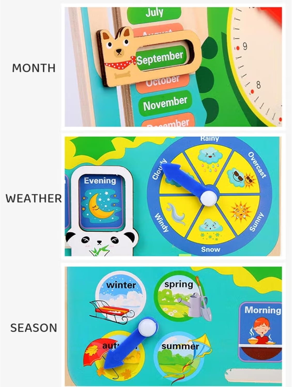 Wooden multifunctional daily calendar and learning clock, in use