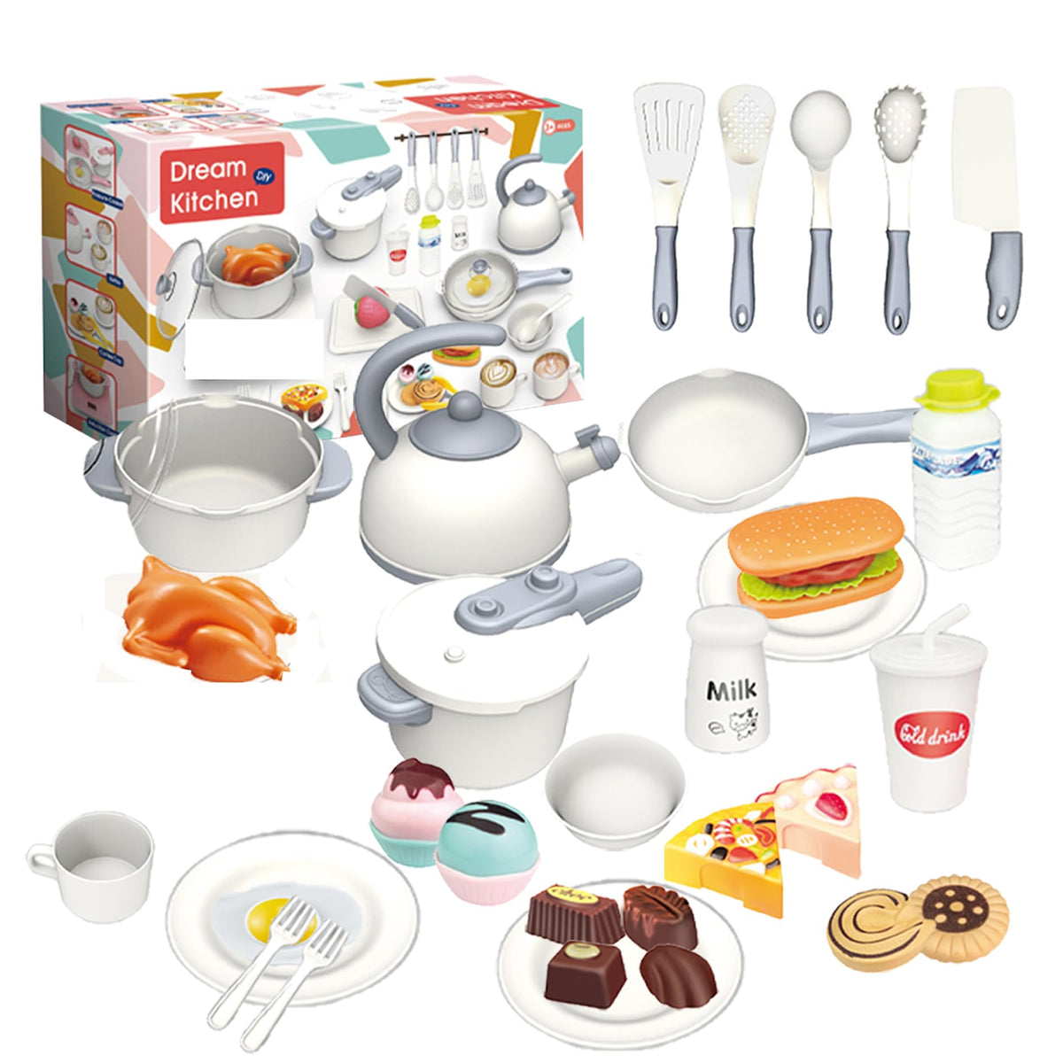 Kids pretend play dream kitchen cookware and food set, 36-piece, main view