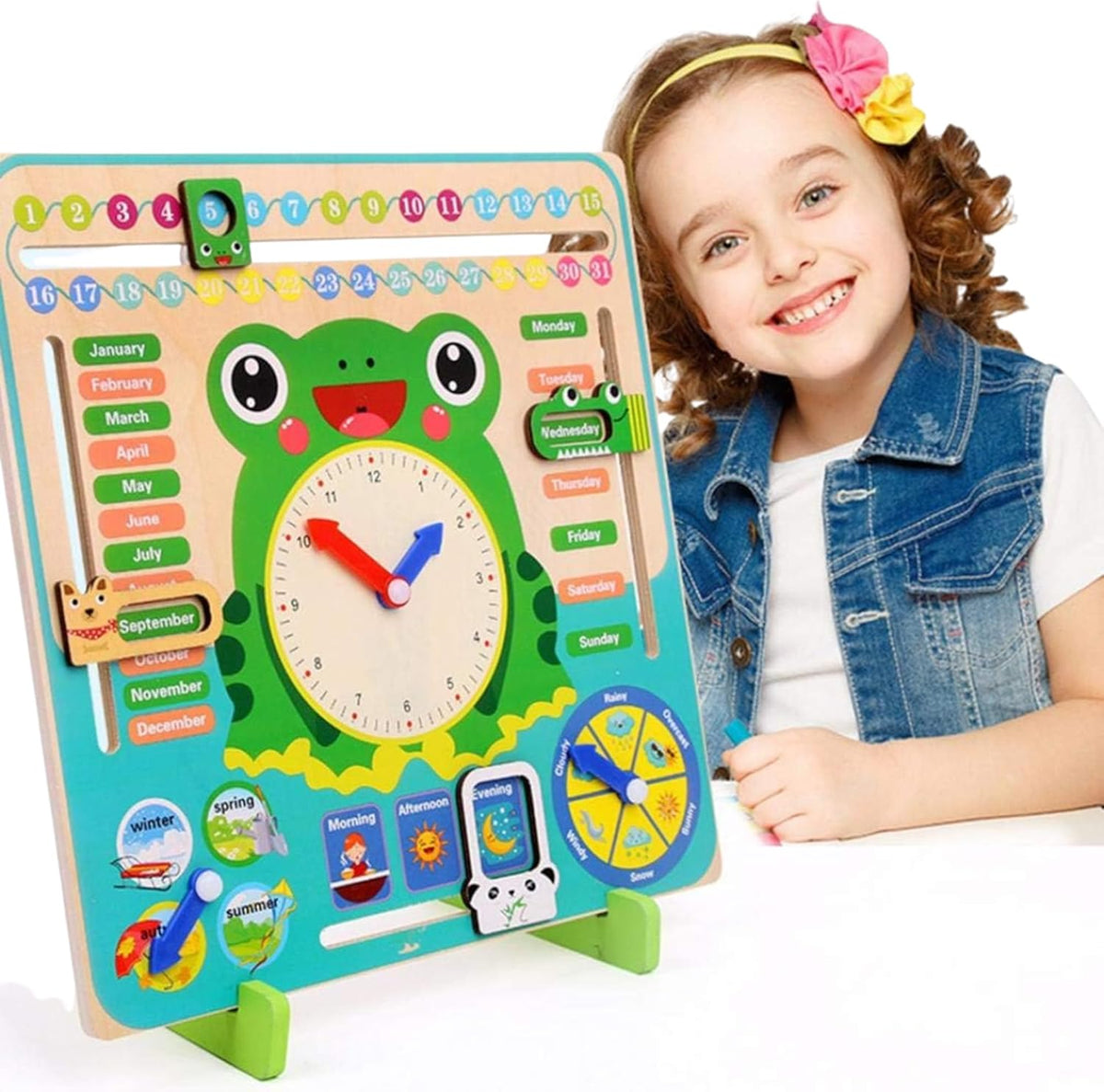 Wooden multifunctional daily calendar and learning clock, main view