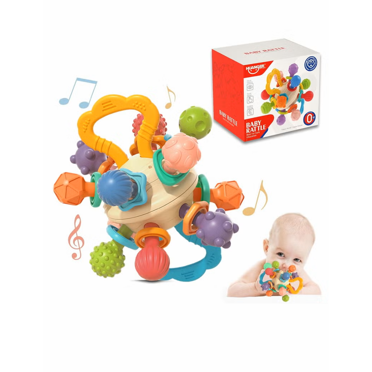 Multi-sensory baby rattle and teething ball, main view