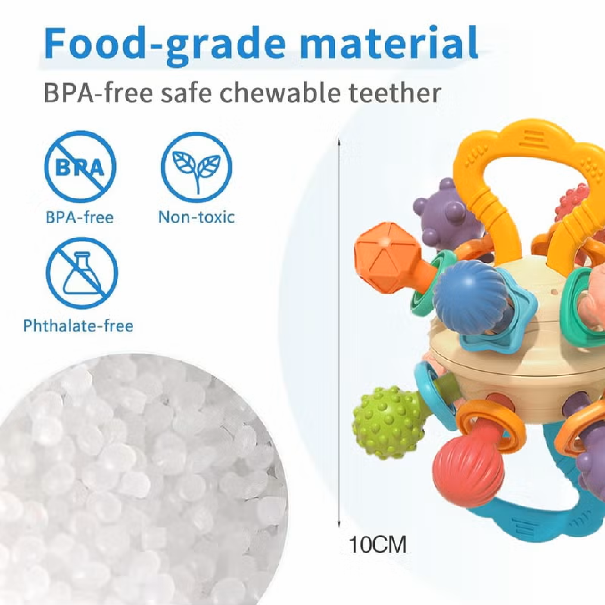 Multi-sensory baby rattle and teething ball, textured loops detail