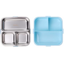 A three-compartment stainless steel lunch box shown open, with the lid placed beside it. The lid is light blue and has two compartments, while the box itself has three compartments and a brushed silver metal finish.