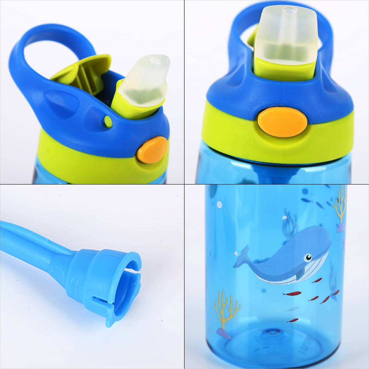 Kids water bottle with straw and handle, blue and green design, view 5
