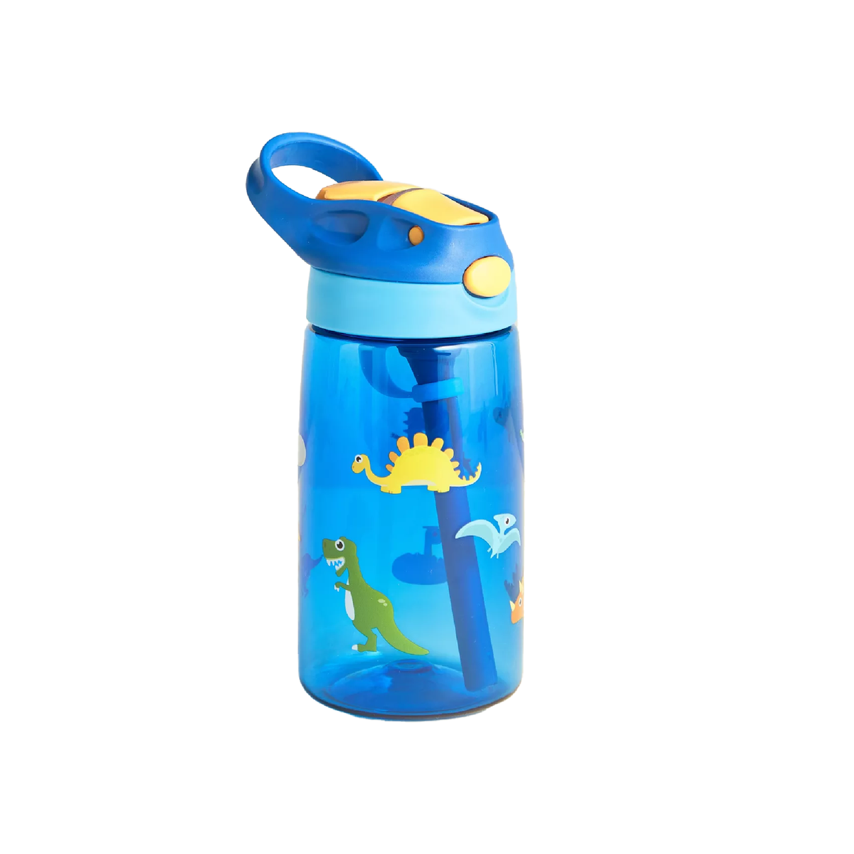 Kids water bottle with straw and handle, blue and yellow design