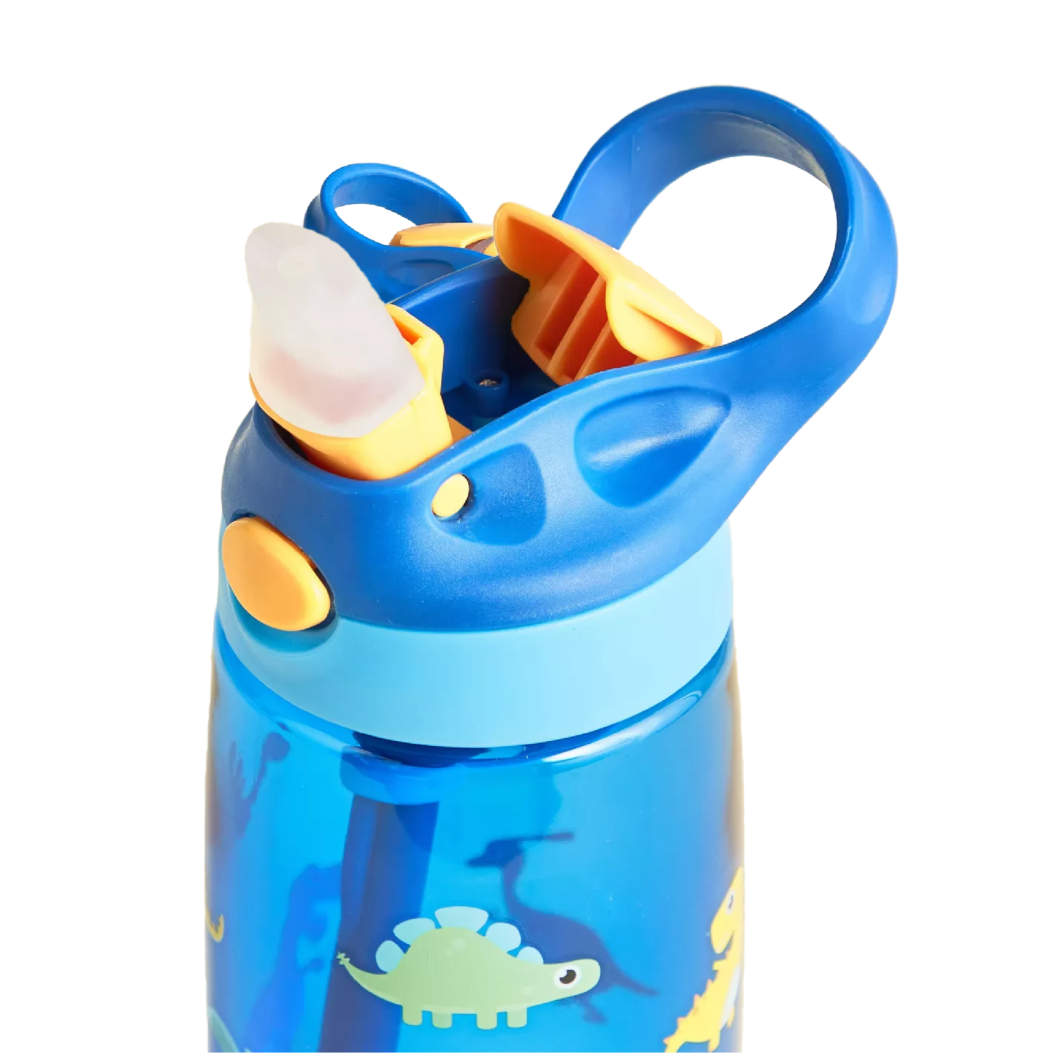 Kids water bottle with straw and handle, blue and yellow design, view 2