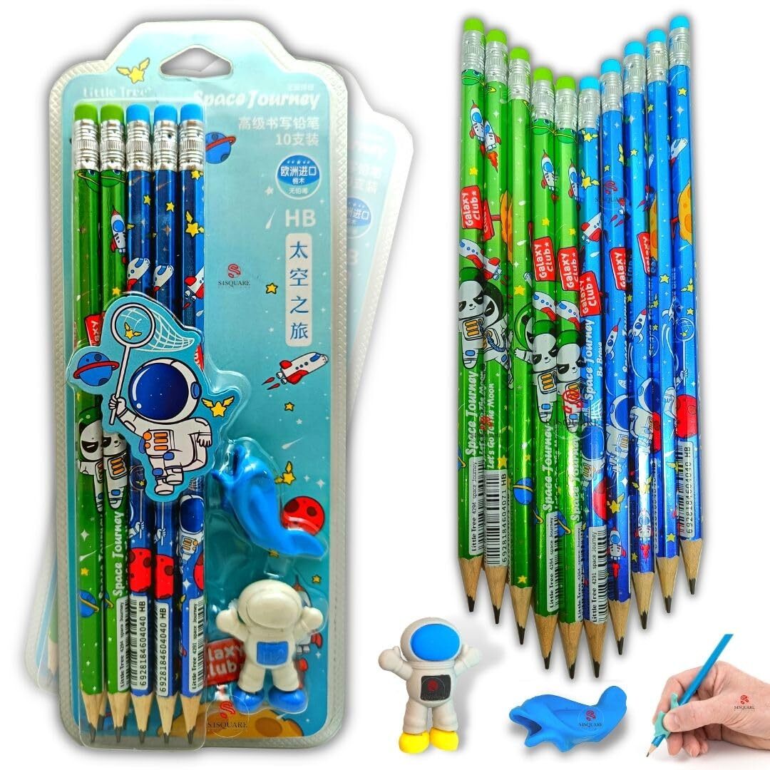 Space Journey writing pencil with eraser and grip kit, blue and green