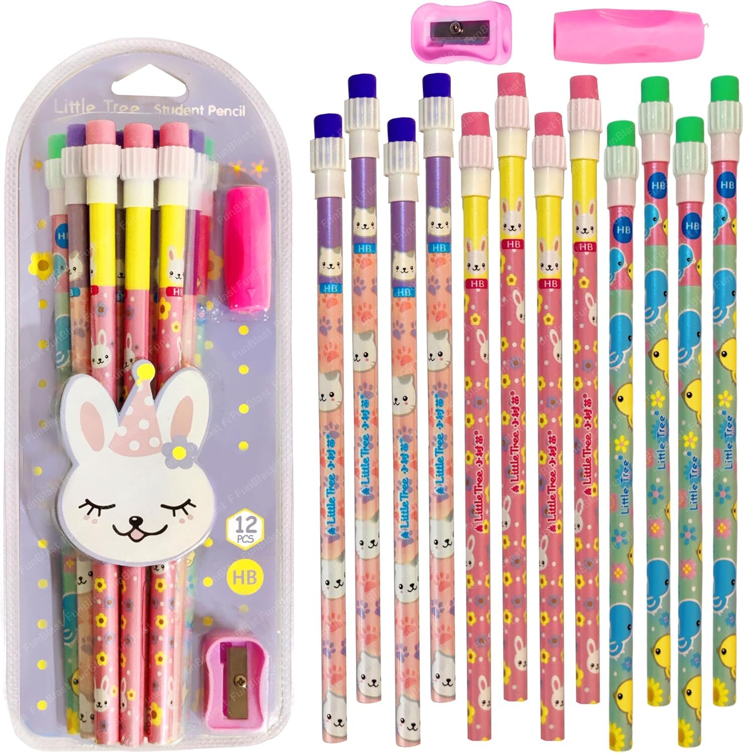 Party Animals 12-pack student pencils and sharpener kit, dark grey sharpener