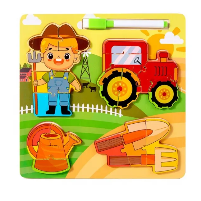 Little Worker career match and draw puzzle board, farmer card