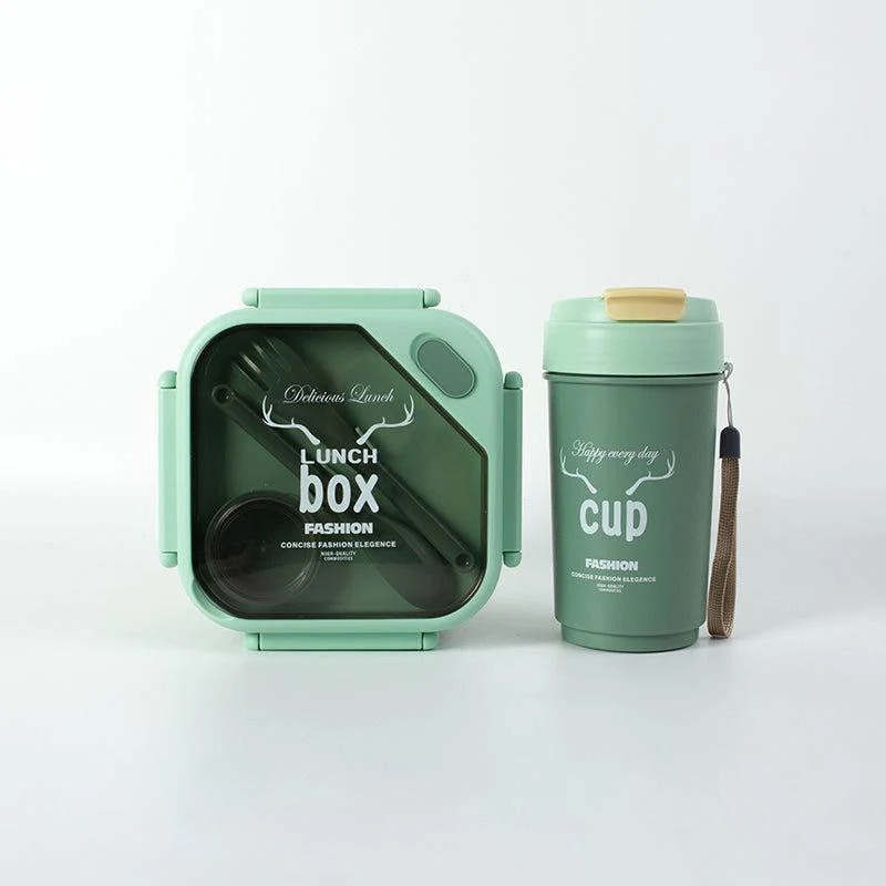 Kids daily bento box with matching tumbler and cutlery set, sage green