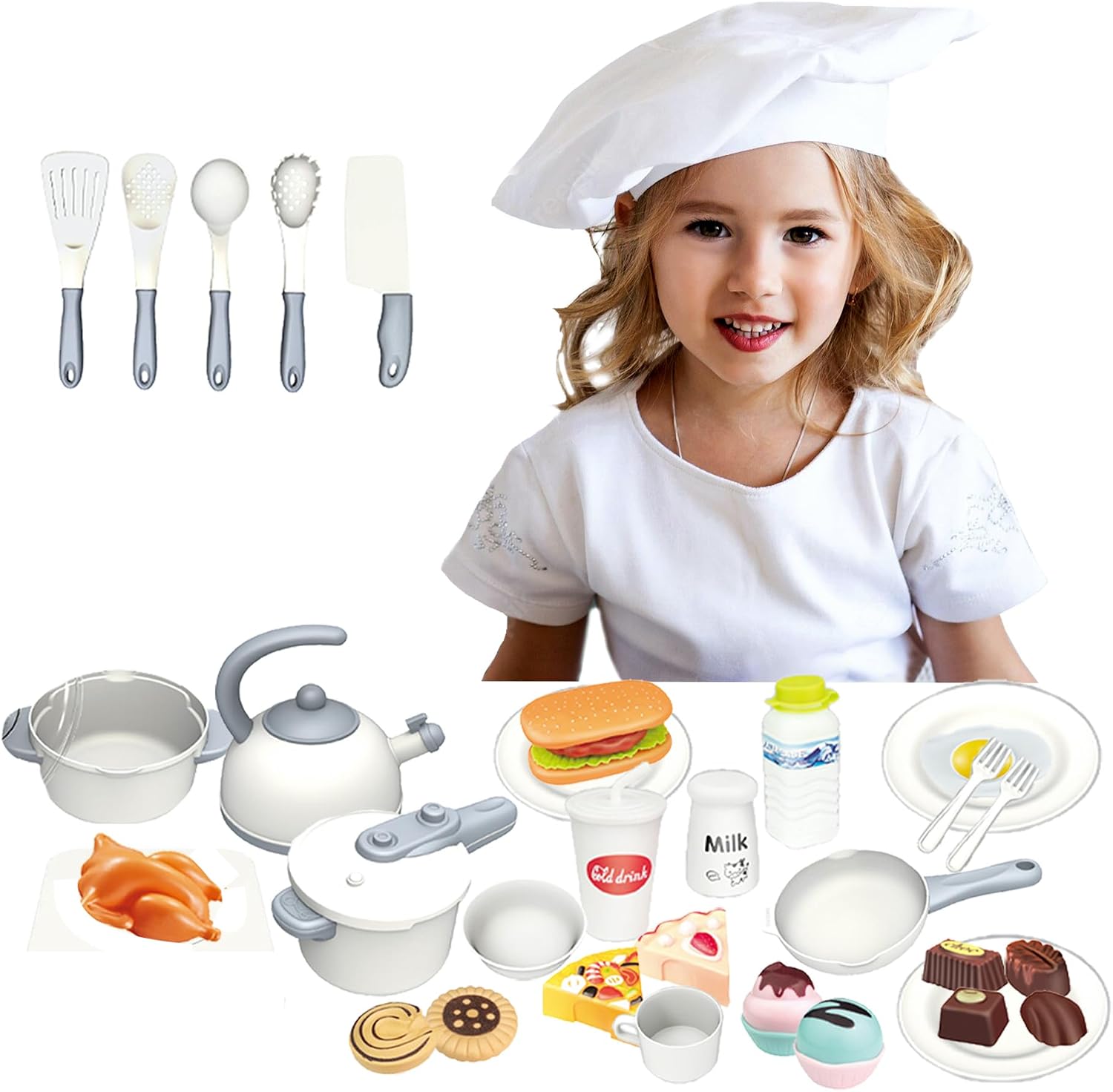 Kids pretend play dream kitchen cookware and food set, full set laid out