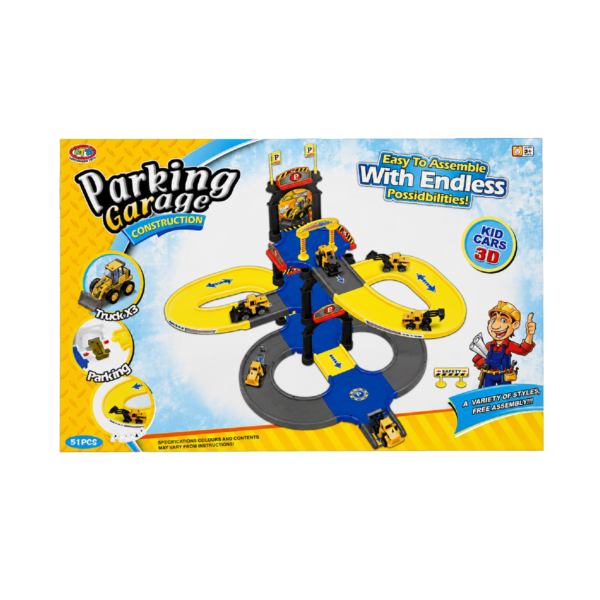 3D construction garage and loop track playset, 51-piece, main view