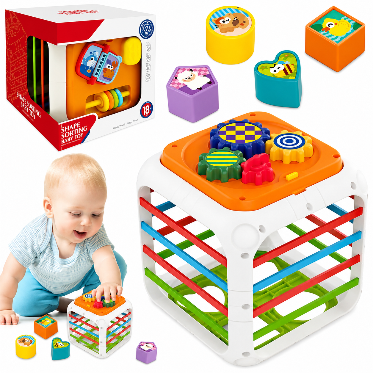 6-side interactive shape sorting baby toy, main view