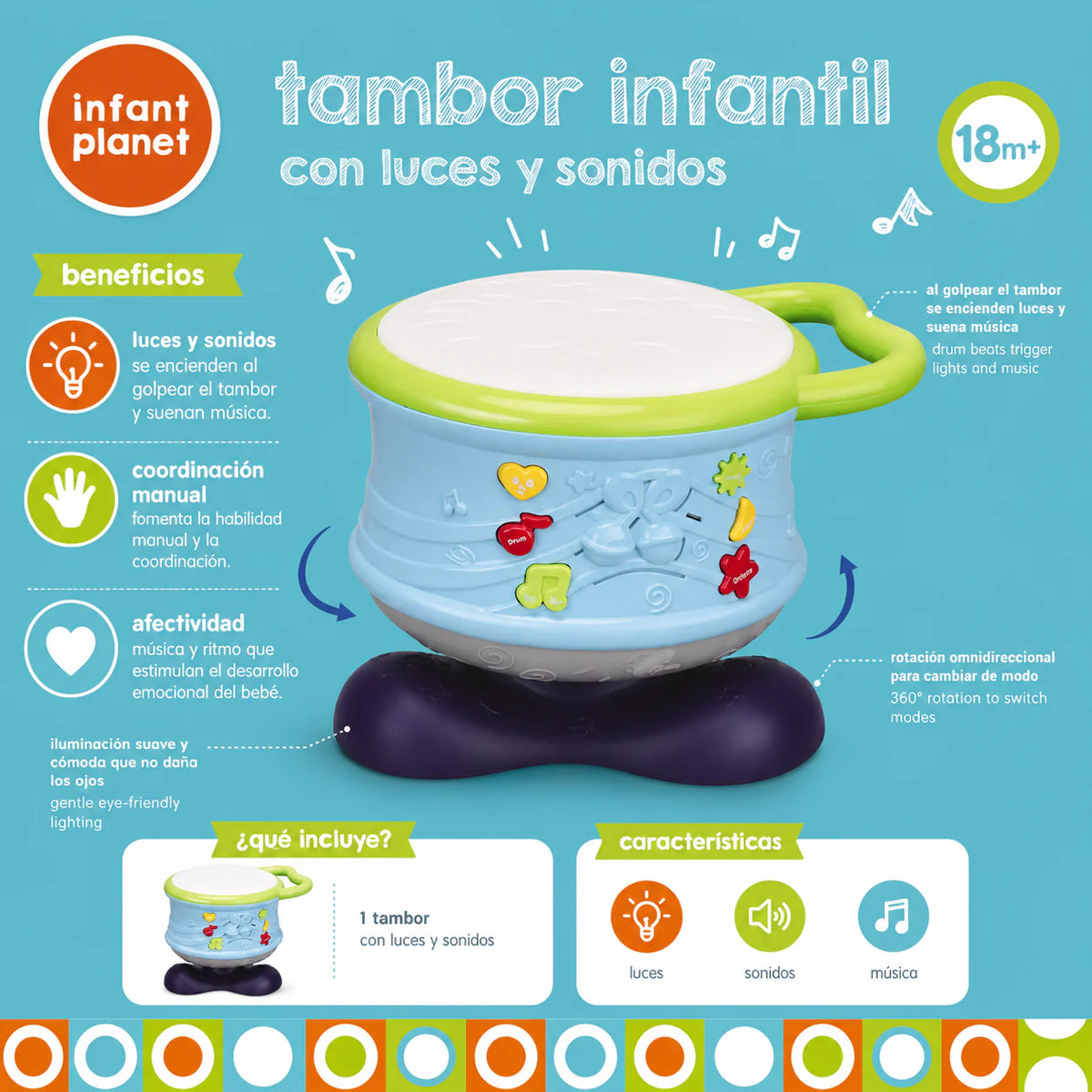 Youleen early education musical light-up hand drum, main view