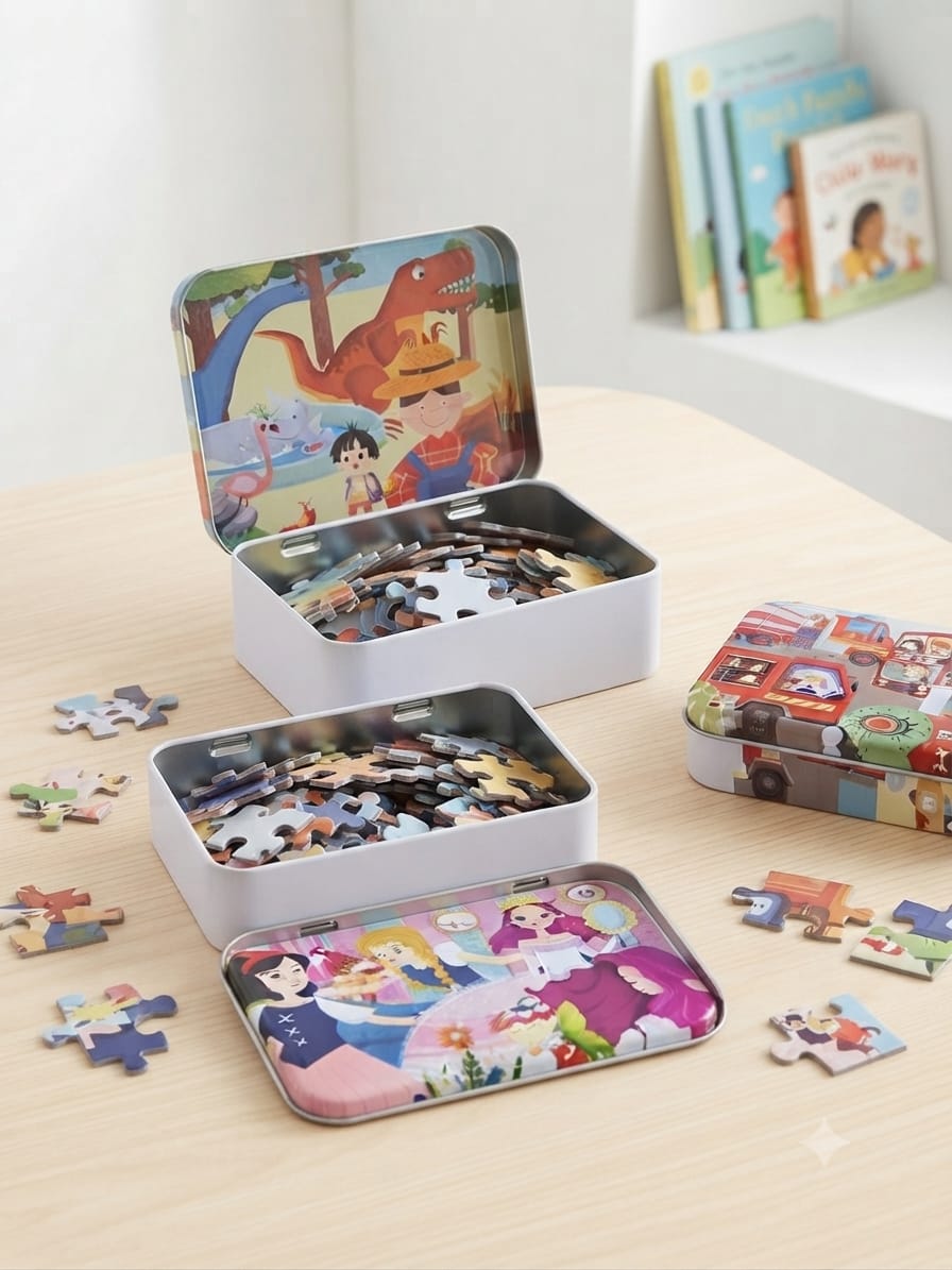 KidZilan portable tin box 4-in-1 jigsaw puzzle set, 43 pieces, view 1