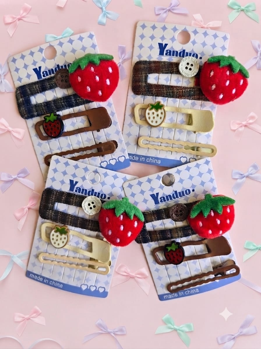 KidZilan sweet strawberry and plaid hair clip set, view 1