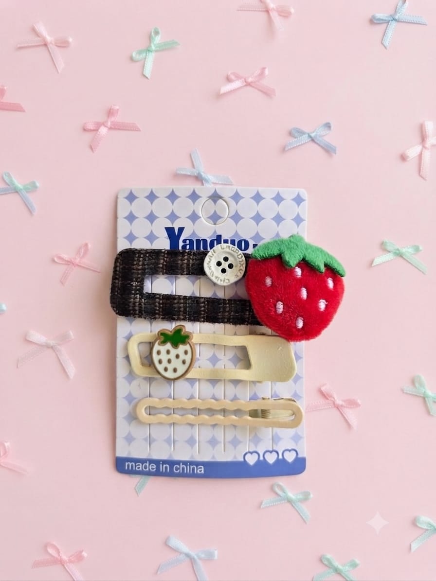 KidZilan Sweet Strawberry & Plaid Hair Clip Set