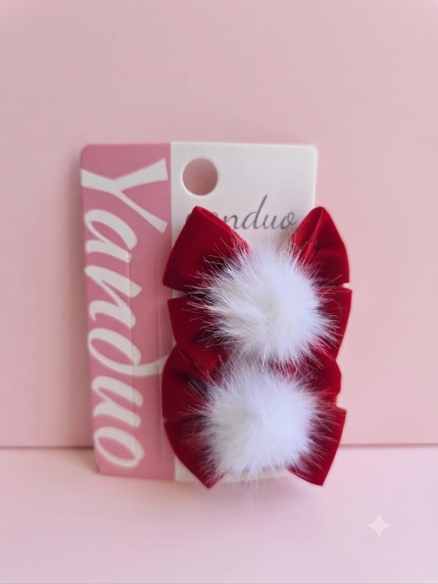 KidZilan red velvet bow hair clips with white pompoms, pair, view 2