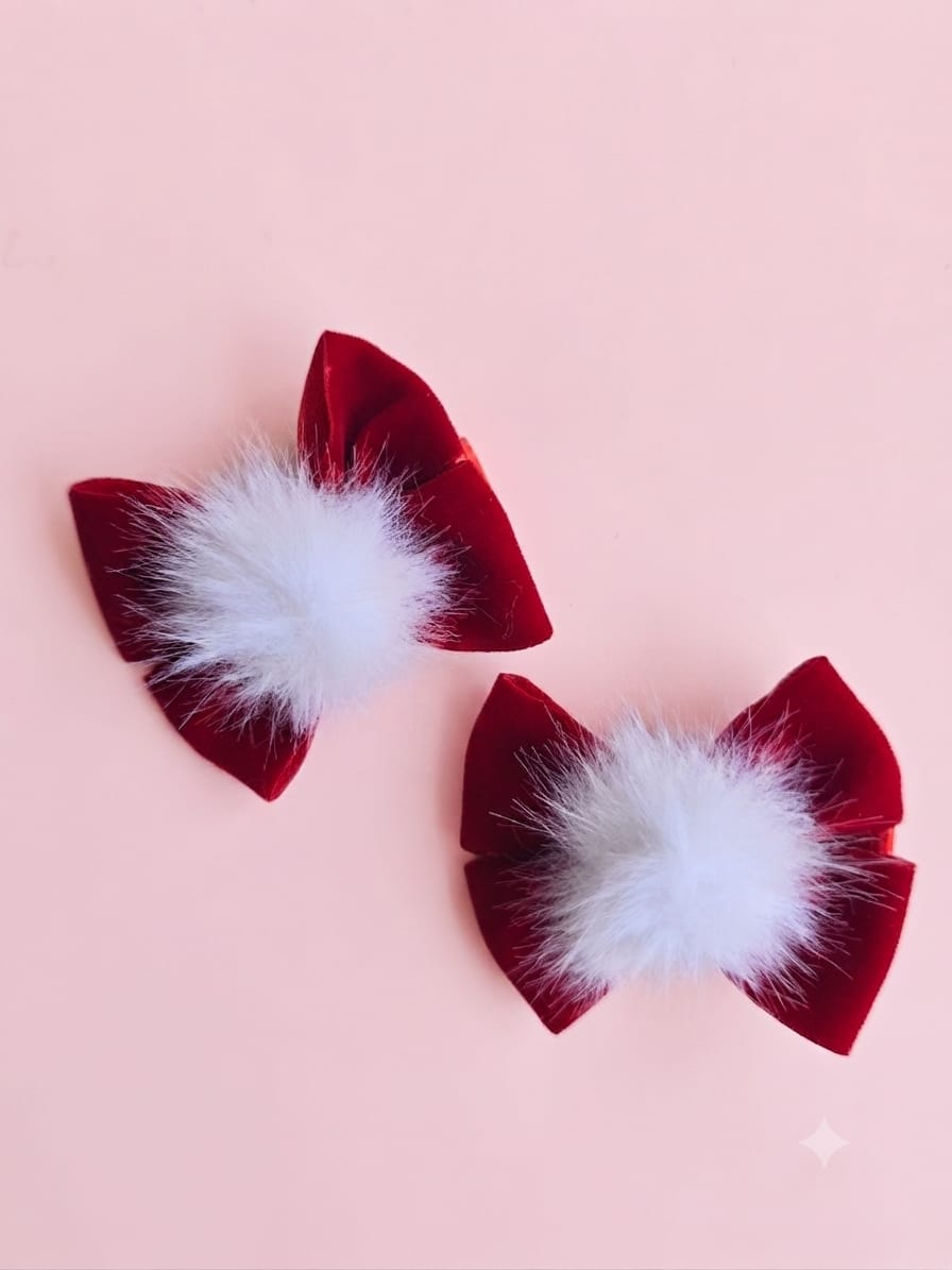 KidZilan red velvet bow hair clips with white pompoms, pair, view 1