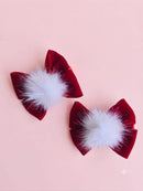 KidZilan Red Velvet Bow Hair Clips with White Pompoms (Pair)