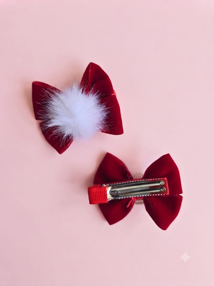 KidZilan Red Velvet Bow Hair Clips with White Pompoms (Pair)