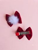 KidZilan Red Velvet Bow Hair Clips with White Pompoms (Pair)