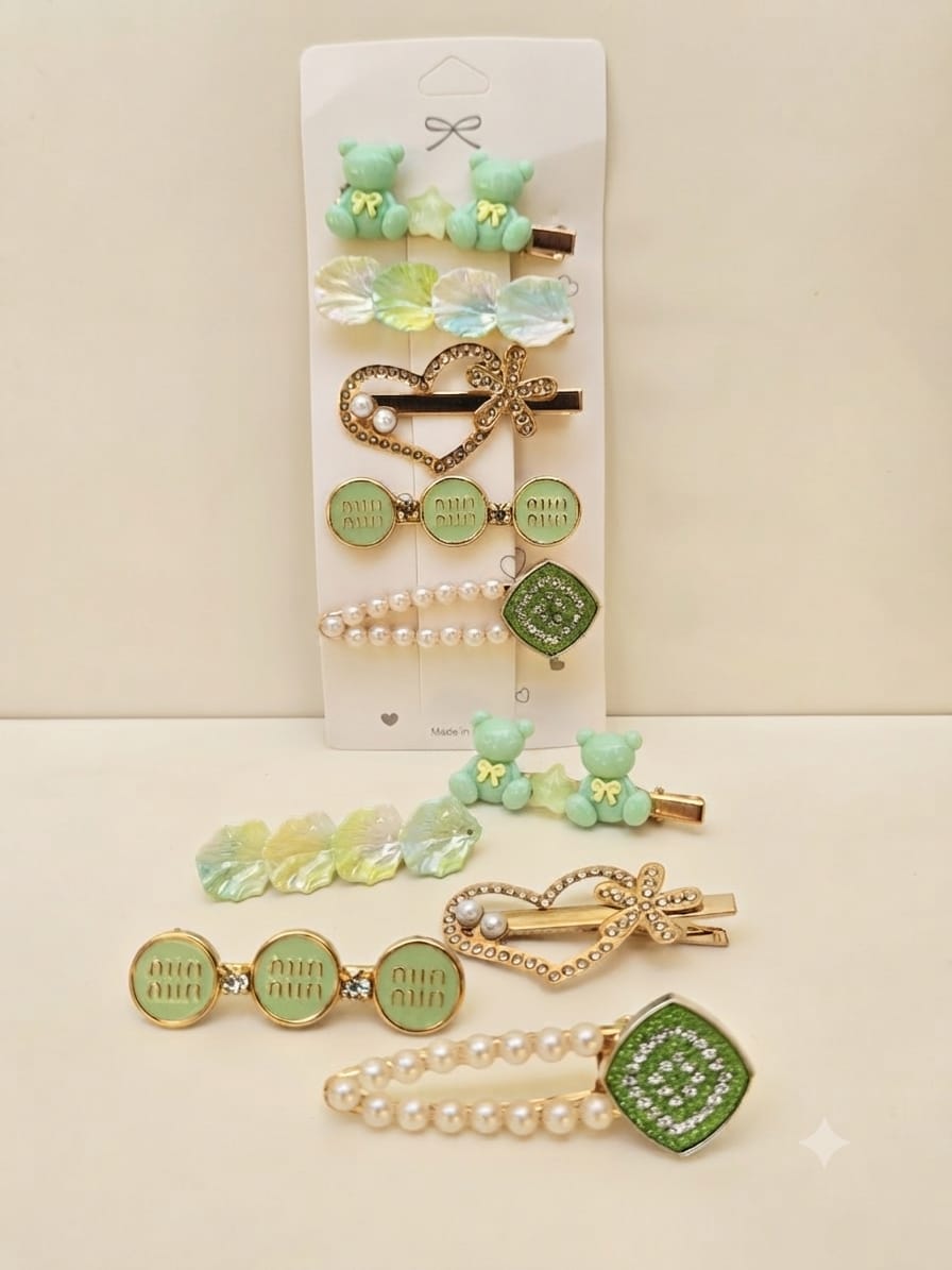 KidZilan elegant pearl and crystal hair clip set, 5-piece, mint green, view 2