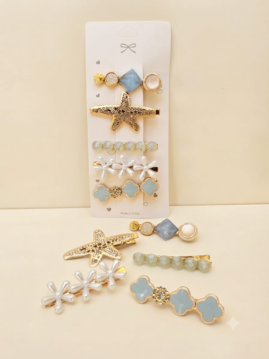 KidZilan Elegant Pearl & Crystal Hair Clip Set (5-Piece) - Light Blue