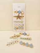 KidZilan Elegant Pearl & Crystal Hair Clip Set (5-Piece) - Light Blue